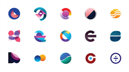 A modern collection of abstract vector icons for web design with a glossy round button element