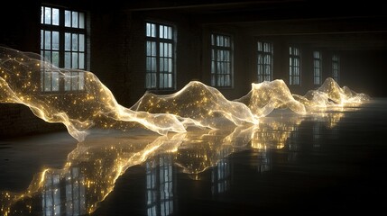 Poster - Abstract golden light forms draped across a dark floor.