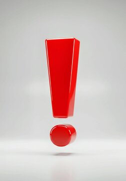 exclamation mark on red background, Red exclamation mark symbol 3D rendering on white background. Central, bold statement with gray border. Small black illustration in bottom right corner