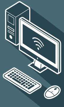 Isometric computer setup illustration