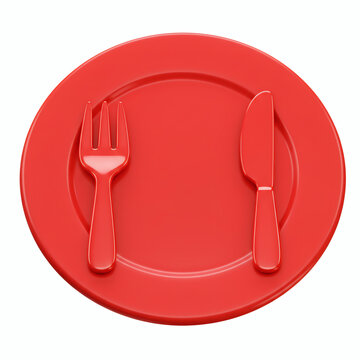 Red dinner plate setting with knife and fork for food photography