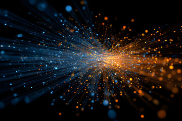 Poster - Abstract Digital Explosion of Blue and Orange Energy Particles on Black Background