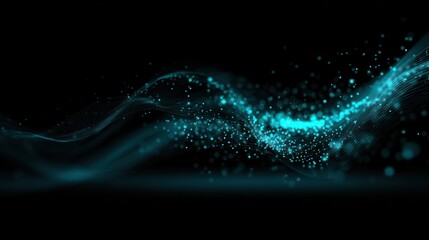 Abstract teal graphic design with flowing lines and particles.