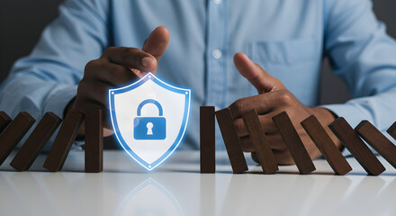 Poster - Shield and Padlock Protects Falling Dominoes from a Business Man in Blue Shirt Promoting Cyber Security and Data Protection