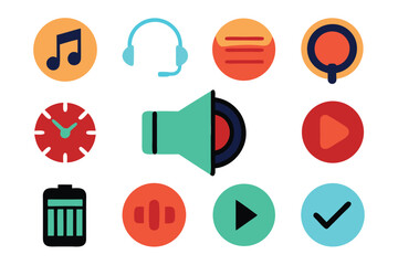 Leinwandbilder - Vector art of a set of colorful flat design icons representing various music and multimedia functions