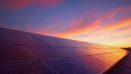 Long solar panel array stretching under a vibrant colorful sky during sunset, highlighting renewable energy power generation and environmental sustainability in modern clean technology solutions