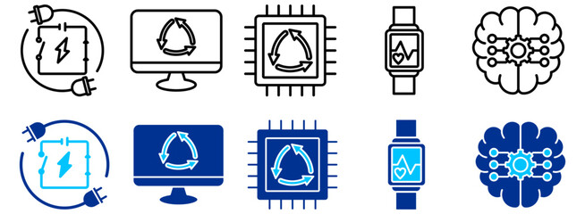 Fototapete - Renewable Energy, Smart Tech, and Digital Health Icon Set - Outline and Duotone 