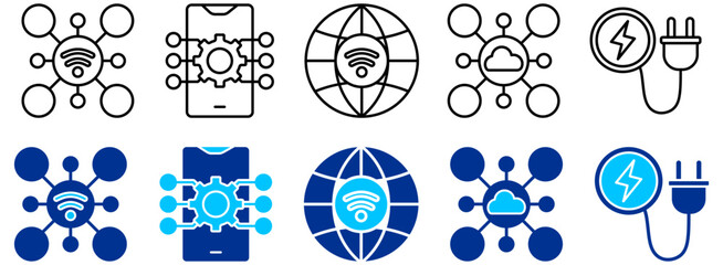 Fototapete - Wireless Network, Smart Devices and Power Connectivity Icon Set - Outline and Duotone 