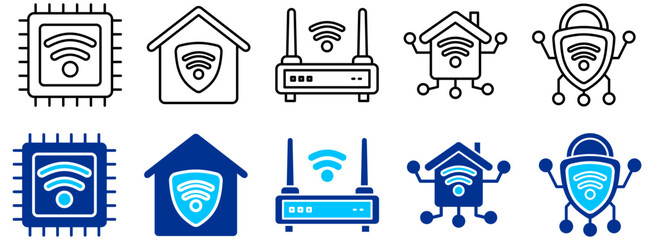 Fototapete - Wireless Technology, Smart Home and Network Security Icon Set - Outline and Duotone 