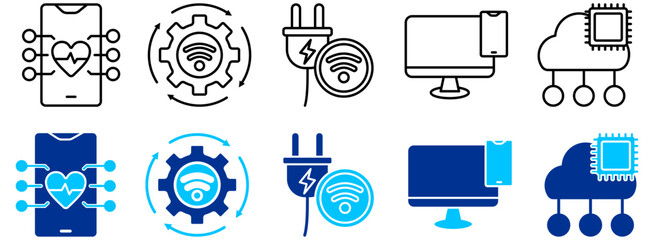Fototapete - Mobile Health Monitoring, Smart Grid and Cloud Computing Icon Set - Outline and Duotone 