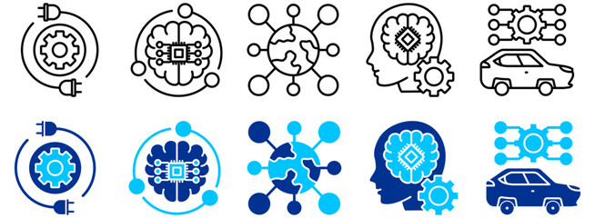 Fototapete - AI Powered Systems, Global Network and Autonomous Vehicle Icon Set - Outline and Duotone 