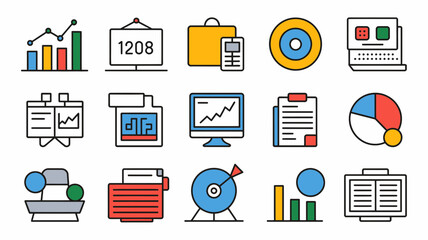 Poster - Business and finance icons set with charts and office equipment vector
