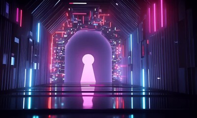 Poster - Abstract Neon Lit Tunnel Interior with Geometric Shapes and Reflections