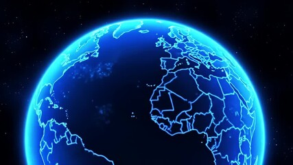 glowing blue earth outline of continents against a starry black space background
