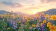© Almahyra - Colorful wildflowers field at sunset, mountain backdrop, nature scene, peaceful landscape