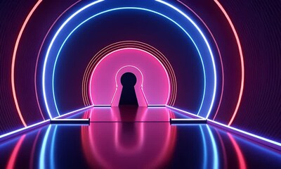Poster - Futuristic Neon Keyhole Tunnel with Glowing Pink and Blue Lights Creating Abstract Digital Art