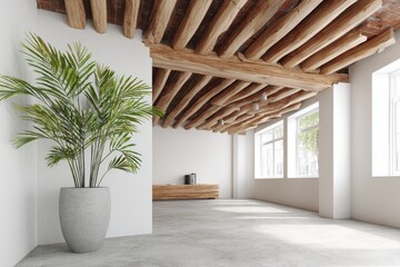 Aufkleber - Minimalist Interior Design with Plant and Wooden Ceiling