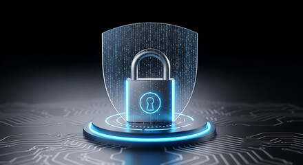Fototapete - Secure digital data protection concept: a lock icon on blue binary code symbolizing internet security for computer technology