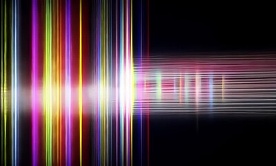 Poster - Vertical Lines Of Multicolored Light Beams Against Dark Background Creating A Dynamic And Abstract Composition With A Bright Center Focal Point