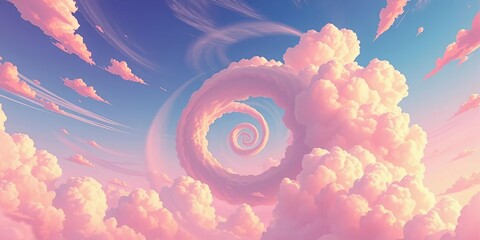 Whimsical spiral clouds swirl across a vibrant anime-style sky, pastel hues dominate,  cosmic,  celestial