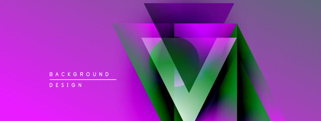 Fototapete - Abstract geometric design features vibrant purple, green hues. Overlapping triangles create dynamic visual effect. Modern background texture.