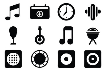 Poster - Vector art of a collection of black musical and technological icons isolated on white background