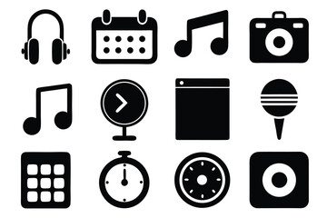 Poster - Vector art of a collection of black musical and technological icons isolated on white background