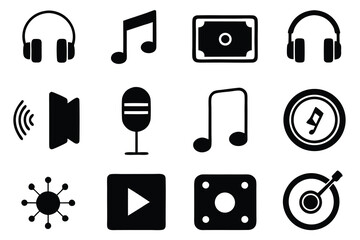 Poster - Vector art of a variety of black silhouette icons on a white background representing music and finance