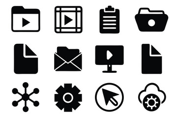 Poster - Vector art of a collection of black silhouette icons on a white background representing files and settings
