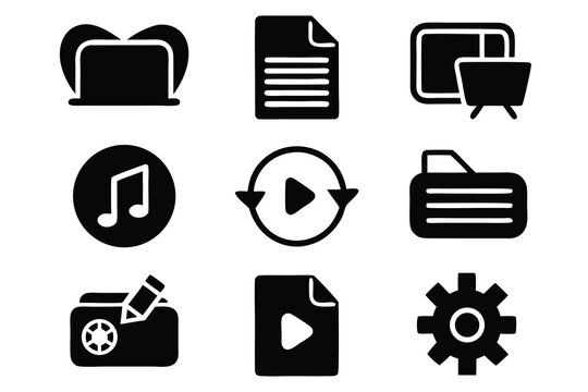 Vector art of a collection of black glyph icons representing various file and media types