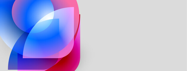 Poster - Abstract shapes overlap, creating vibrant blue, pink, white gradients. Minimalist design with large gray space. Modern aesthetic.