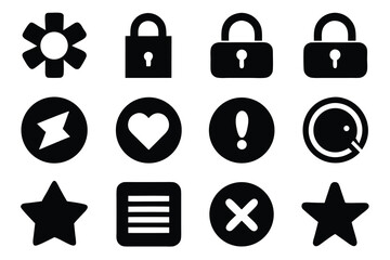 Poster - Vector art of a set of black silhouette icons including locks, hearts, stars, and other symbols isolated on white background