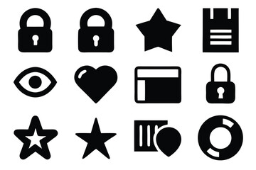 Poster - Vector art of a collection of black silhouette icons featuring locks, stars, hearts, and other symbols isolated on white background