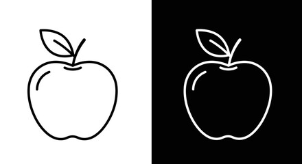 Poster - Flat vector outline icon of an apple, simple rounded shape with a single leaf, stem at the top center, clean thick outline, designed in both black-on-white and white-on-black versions.


