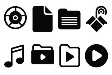 Poster - Vector art of a collection of black silhouette icons featuring files, folders, music notes, and play buttons isolated on white background