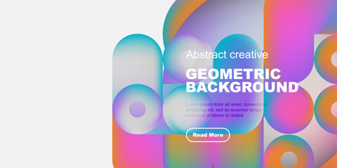 Poster - Vibrant geometric shapes overlap, creating colorful abstract background. Text promotes further information access.