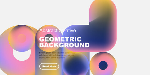 Aufkleber - Abstract geometric shapes, vibrant colors, modern design. Text overlay presents background information, button included.