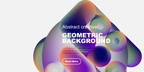 Poster - Vibrant fluid shapes overlap black background. Text promotes geometric design, includes read more button. Modern aesthetic.