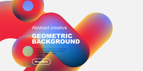 Poster - Vibrant abstract shapes overlap black background. Text promotes geometric design, includes call to action button. Modern, colorful composition.