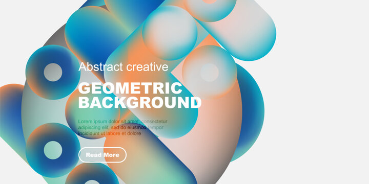 Abstract geometric shapes, vibrant colors, modern design. Text overlay includes geometric background, plus sample text, button.