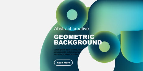 Fototapete - Abstract geometric shapes, vibrant colors, modern design. Text overlay promotes content with read more button. Clean, minimalist aesthetic.