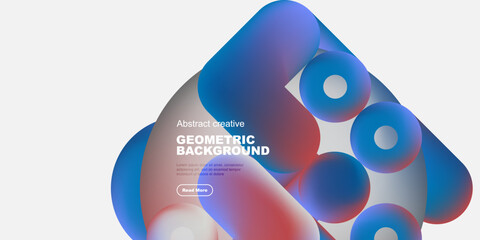 Poster - Abstract geometric background features vibrant spheres, flowing shapes, text, button. Modern design, clean aesthetic, colorful composition.
