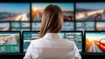 Poster - Surveillance Specialist at Work: A focused woman, surrounded by multiple computer monitors displaying various real-time camera feeds. She represents security, technology and vigilance.