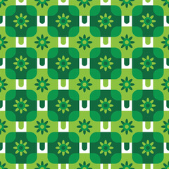 Poster - Retro Geometric Floral Green Tone Seamless Pattern Design Background