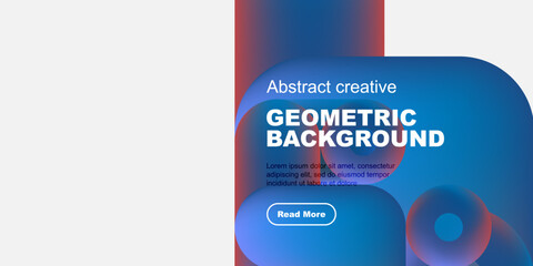 Poster - Modern design features vibrant geometric shapes, text overlay, button. Blue, red hues dominate composition. Minimalist aesthetic.