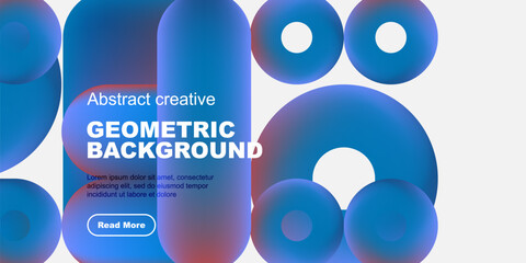Poster - Vibrant geometric shapes overlap, creating dynamic abstract background. Blue hues dominate design, with text overlay present.