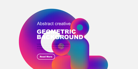 Poster - Abstract geometric shapes, vibrant colors, modern design. Includes text, button, black background, white space. Minimalist aesthetic.
