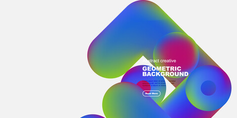 Poster - Abstract colorful shapes overlap, creating dynamic geometric background. Text promotes further exploration. Minimalist design.