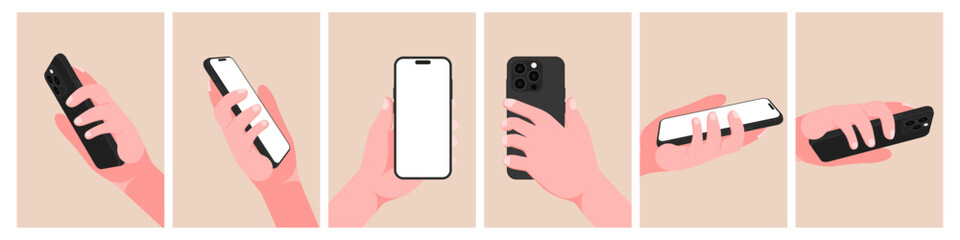 Poster - Hand Holding Smartphone from Multiple Angles – Realistic Vector Illustration Set with Blank Screens for App Mockups, UI and UX Design, Icons, Marketing, and Web Banners. Vector.