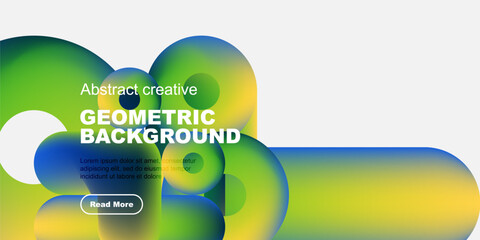 Poster - Vibrant abstract shapes overlap, creating dynamic geometric background. Text present, button visible. Modern design elements dominate composition.
